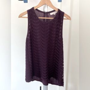 LOFT Dark Purple/Eggplant Colored Lace Sleeveless Blouse, Size - Medium